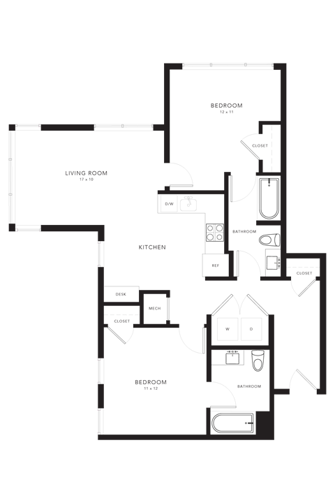 Floor plan for 2 beds, 2 baths, 883 sqft